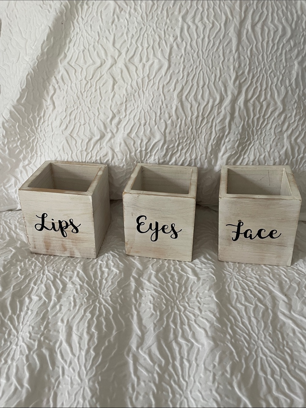 Set of 3 Wooden Makeup Organizers - Lips, Eyes, Face - Whitewashed